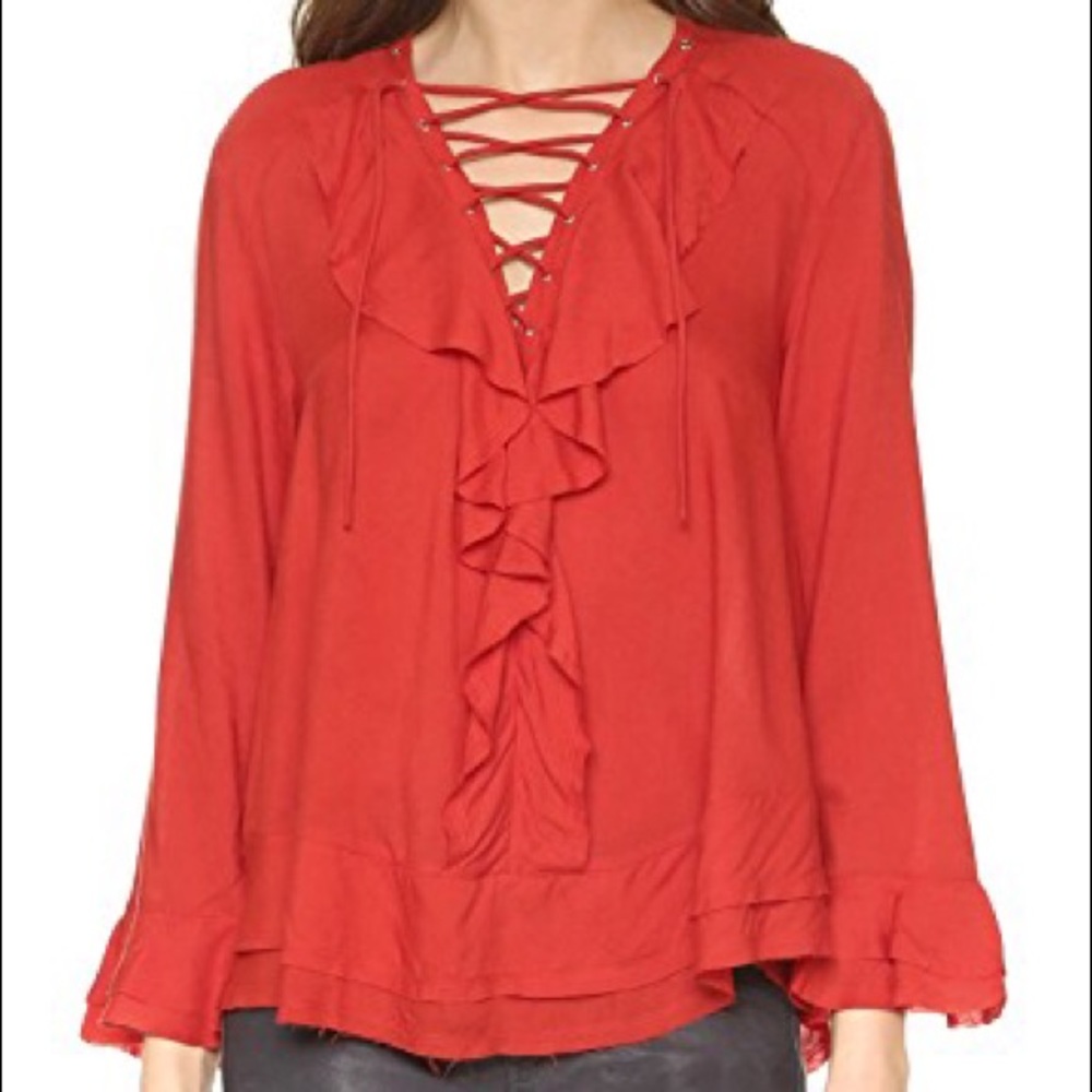 Iro Finley Red Ruffle Lace-up Blouse